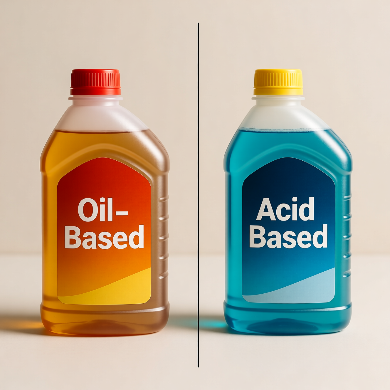 مقایسه واقعی بطری ضدیخ پایه‌روغنی و پایه‌اسیدی با برچسب و پس‌زمینه خنثی
